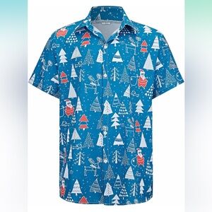 Blue and Red Casual Button Down Shirt with Festive Pattern NWOT